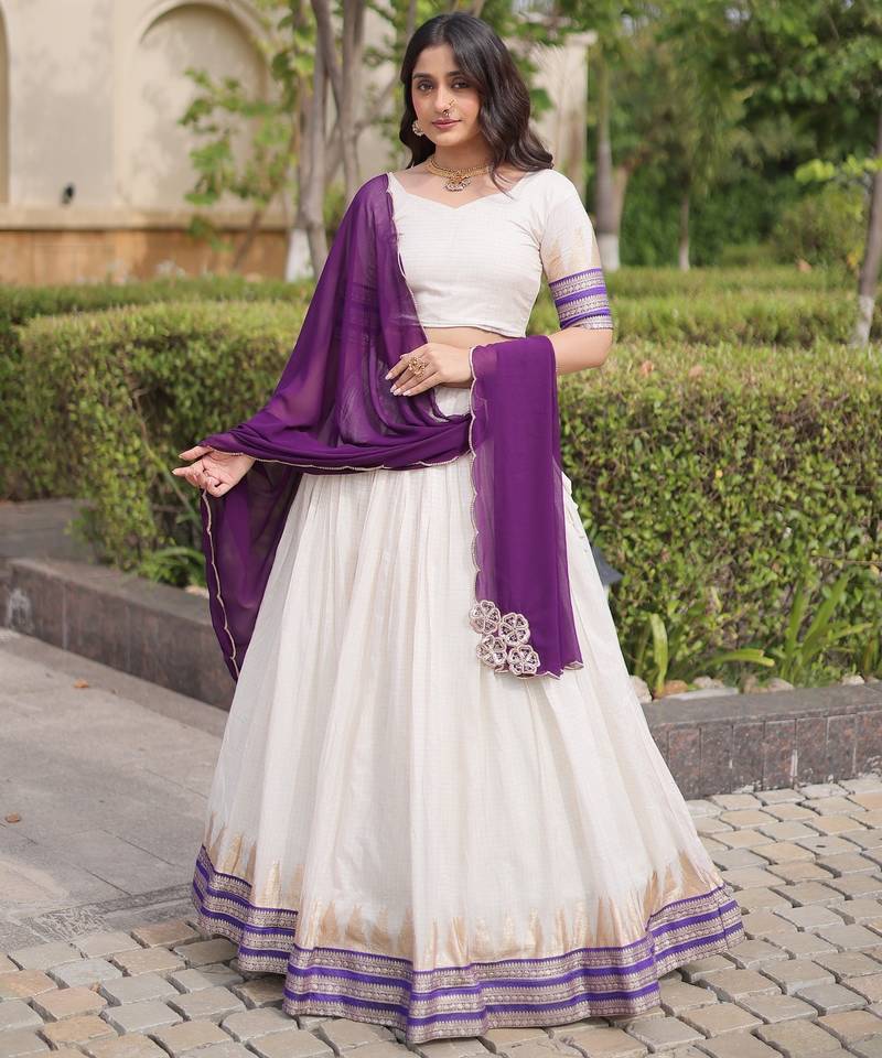 Purple&White Viscose Semi Stitched Lehenga Choli with Zari Temple Weaving Work
