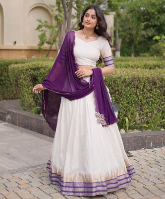 Purple&White Viscose Semi Stitched Lehenga Choli with Zari Temple Weaving Work 2