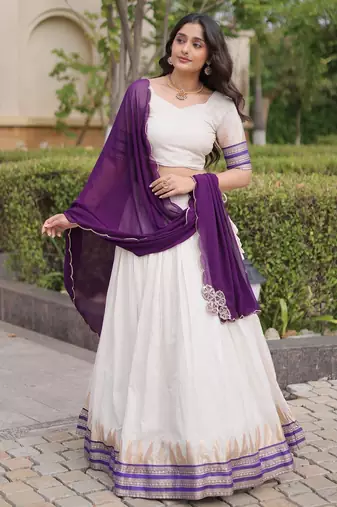 Purple&White Viscose Semi Stitched Lehenga Choli with Zari Temple Weaving Work