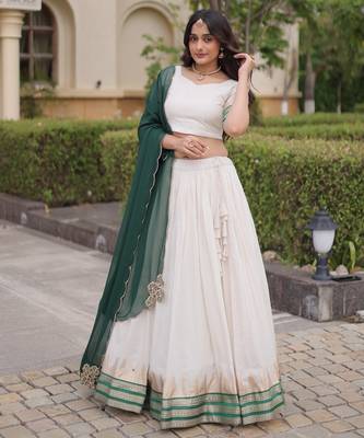 Dark Green & White Viscose Lehenga Choli with Zari Temple Weaving Work 1