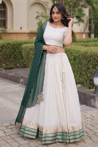 Dark Green & White Viscose Lehenga Choli with Zari Temple Weaving Work