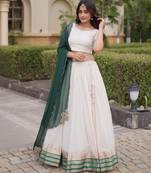 Dark Green & White Viscose Lehenga Choli with Zari Temple Weaving Work