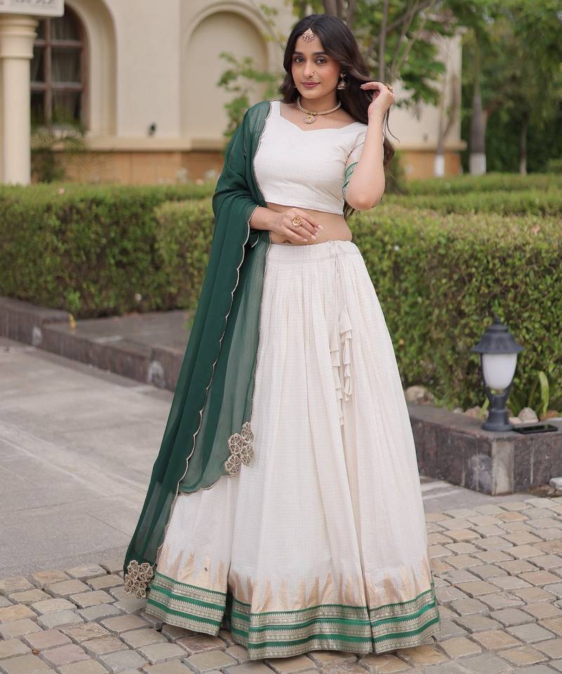 Dark Green & White Viscose Lehenga Choli with Zari Temple Weaving Work