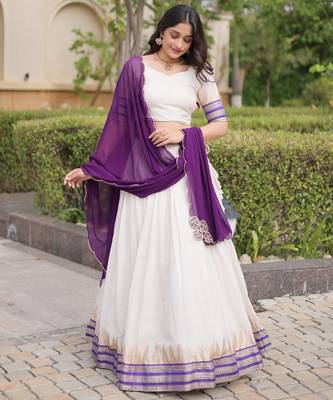 Purple&White Viscose Semi Stitched Lehenga Choli with Zari Temple Weaving Work 3