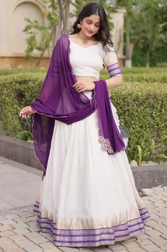 Purple&White Viscose Semi Stitched Lehenga Choli with Zari Temple Weaving Work
