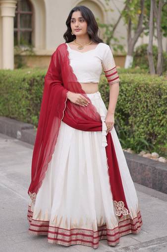 Maroon & White Viscose Lehenga Choli with Zari Temple Weaving Work