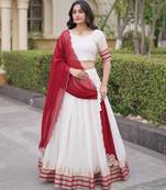 Maroon & White Viscose Lehenga Choli with Zari Temple Weaving Work