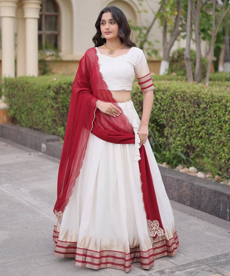 Maroon & White Viscose Lehenga Choli with Zari Temple Weaving Work