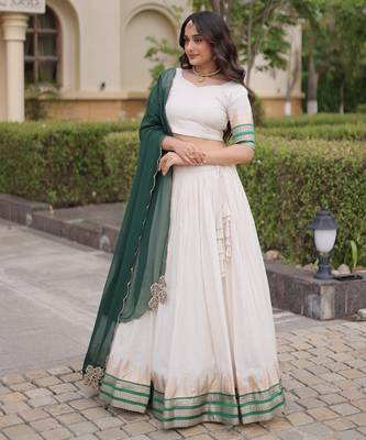 Dark Green & White Viscose Lehenga Choli with Zari Temple Weaving Work 3