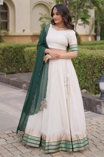 Dark Green & White Viscose Lehenga Choli with Zari Temple Weaving Work