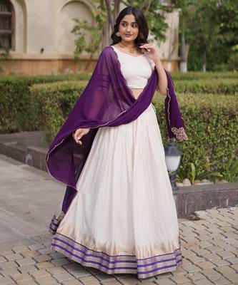 Purple&White Viscose Semi Stitched Lehenga Choli with Zari Temple Weaving Work 4