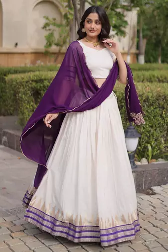 Purple&White Viscose Semi Stitched Lehenga Choli with Zari Temple Weaving Work