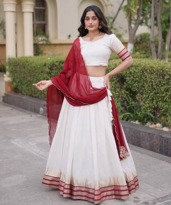 Maroon & White Viscose Lehenga Choli with Zari Temple Weaving Work 3