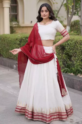 Maroon & White Viscose Lehenga Choli with Zari Temple Weaving Work