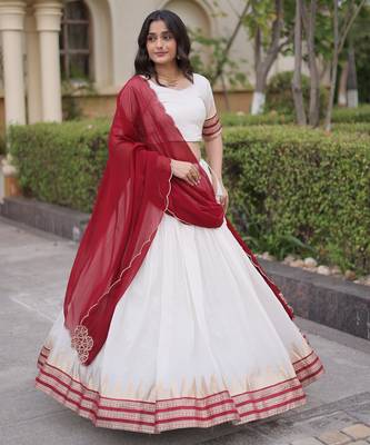 Maroon & White Viscose Lehenga Choli with Zari Temple Weaving Work 4