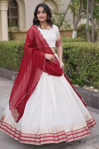 Maroon & White Viscose Lehenga Choli with Zari Temple Weaving Work