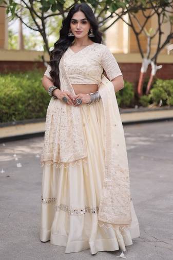 White Satin Lehenga Choli with Embroidery Zari Sequins Work