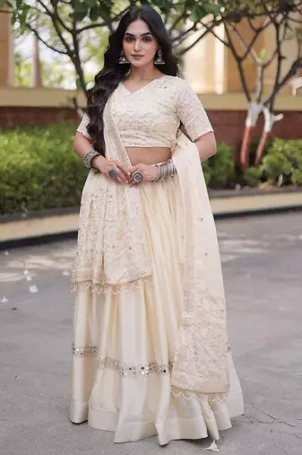 White Satin Lehenga Choli with Embroidery Zari Sequins Work