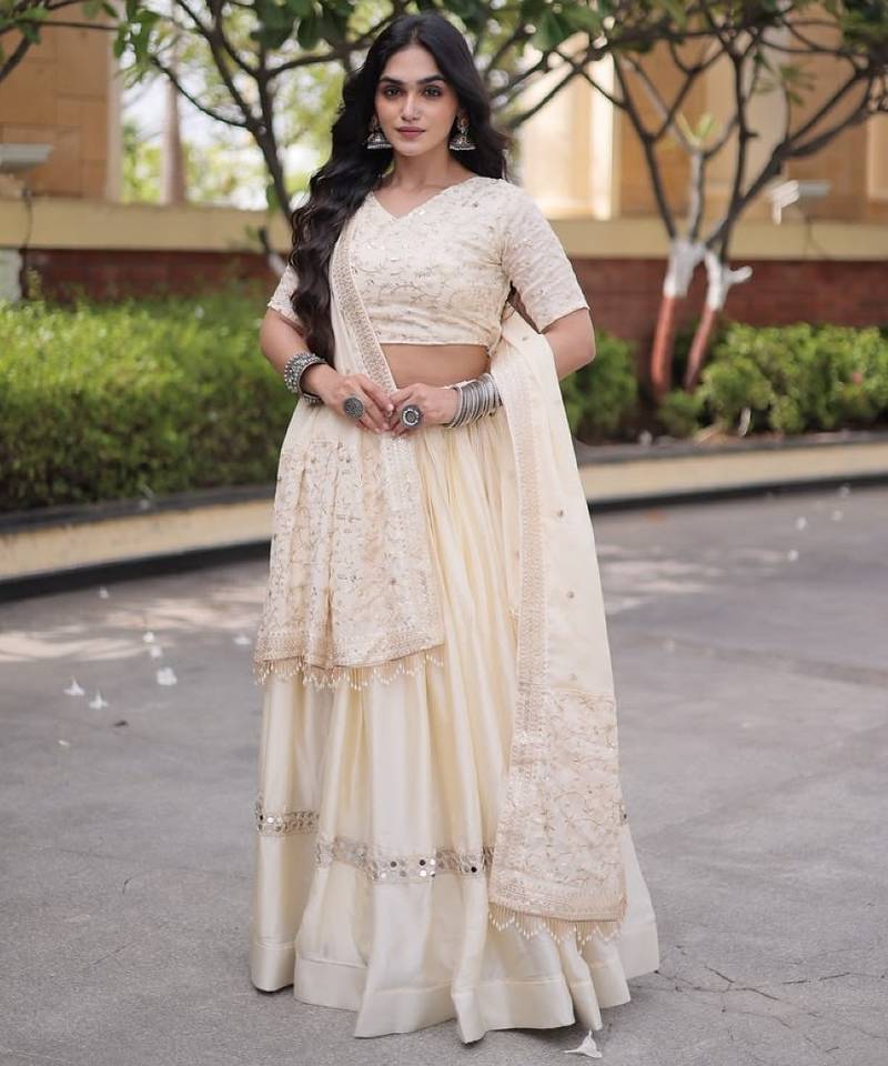 White Satin Lehenga Choli with Embroidery Zari Sequins Work
