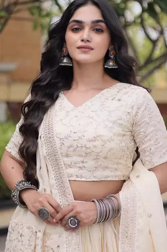 White Satin Lehenga Choli with Embroidery Zari Sequins Work