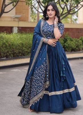 Teal Satin Semi Stitched Lehenga Choli with Embroidery Zari Sequins Work 1