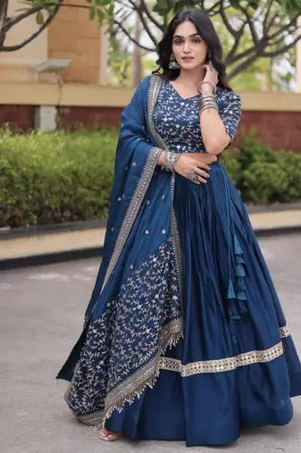 Teal Satin Semi Stitched Lehenga Choli with Embroidery Zari Sequins Work