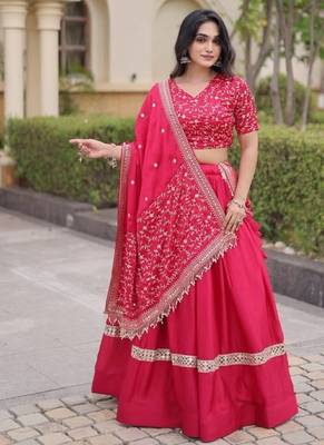 Red Satin Lehenga Choli with Embroidery Zari Sequins Work 1