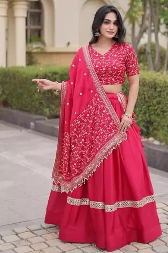 Red Satin Lehenga Choli with Embroidery Zari Sequins Work