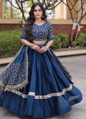 Teal Satin Semi Stitched Lehenga Choli with Embroidery Zari Sequins Work 3