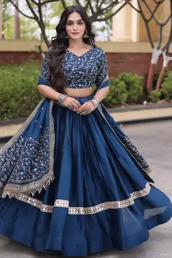 Teal Satin Semi Stitched Lehenga Choli with Embroidery Zari Sequins Work