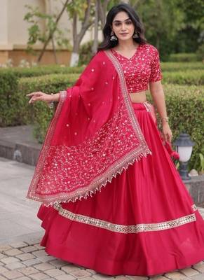 Red Satin Lehenga Choli with Embroidery Zari Sequins Work 2