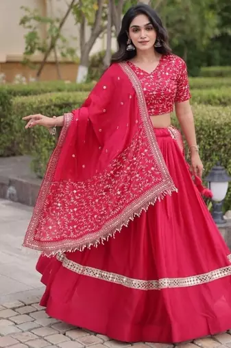 Red Satin Lehenga Choli with Embroidery Zari Sequins Work