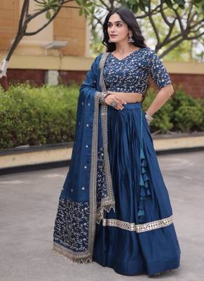 Teal Satin Semi Stitched Lehenga Choli with Embroidery Zari Sequins Work 4