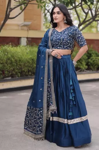 Teal Satin Semi Stitched Lehenga Choli with Embroidery Zari Sequins Work