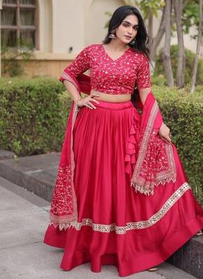 Red Satin Lehenga Choli with Embroidery Zari Sequins Work 3