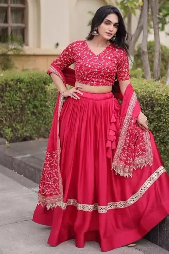 Red Satin Lehenga Choli with Embroidery Zari Sequins Work