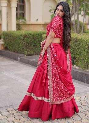 Red Satin Lehenga Choli with Embroidery Zari Sequins Work 4