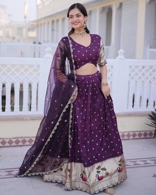 Wine Dola Silk Semi Stitched Lehenga Choli with Meena Weaving & Sequins Coding Work 1