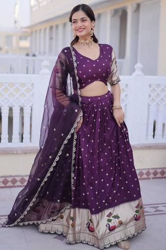 Wine Dola Silk Semi Stitched Lehenga Choli with Meena Weaving & Sequins Coding Work