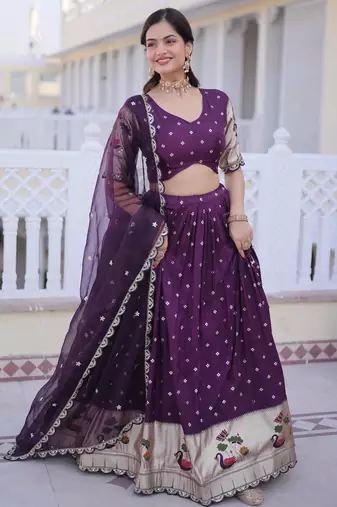 Wine Dola Silk Semi Stitched Lehenga Choli with Meena Weaving & Sequins Coding Work