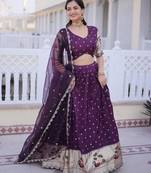 Wine Dola Silk Semi Stitched Lehenga Choli with Meena Weaving & Sequins Coding Work