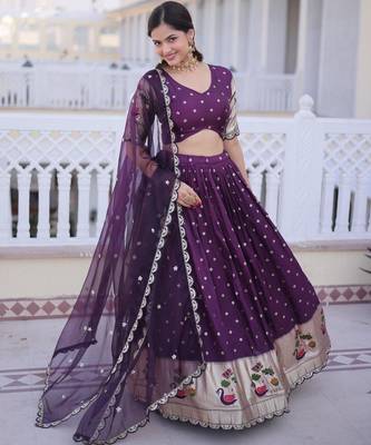 Wine Dola Silk Semi Stitched Lehenga Choli with Meena Weaving & Sequins Coding Work 2