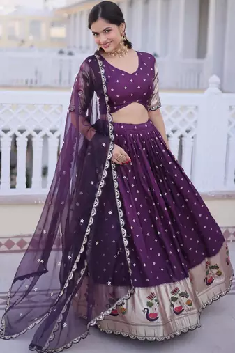 Wine Dola Silk Semi Stitched Lehenga Choli with Meena Weaving & Sequins Coding Work