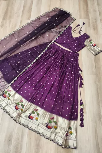 Wine Dola Silk Semi Stitched Lehenga Choli with Meena Weaving & Sequins Coding Work
