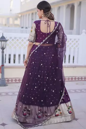 Wine Dola Silk Semi Stitched Lehenga Choli with Meena Weaving & Sequins Coding Work