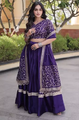 Violet Satin Lehenga Choli with Embroidery Zari Sequins Work