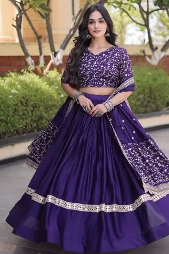 Violet Satin Lehenga Choli with Embroidery Zari Sequins Work