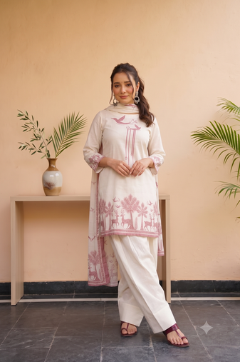 Women off-white & maroon cotton printed kurti with farshi salwar and dupatta set