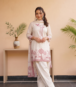 Women off-white & maroon cotton printed kurti with farshi salwar and dupatta set