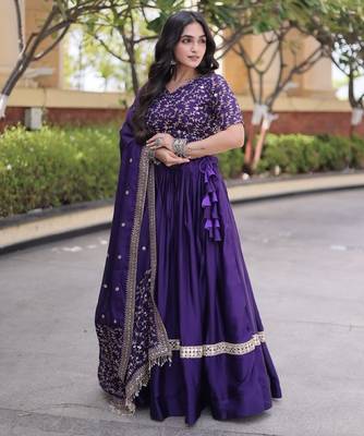 Violet Satin Lehenga Choli with Embroidery Zari Sequins Work 4